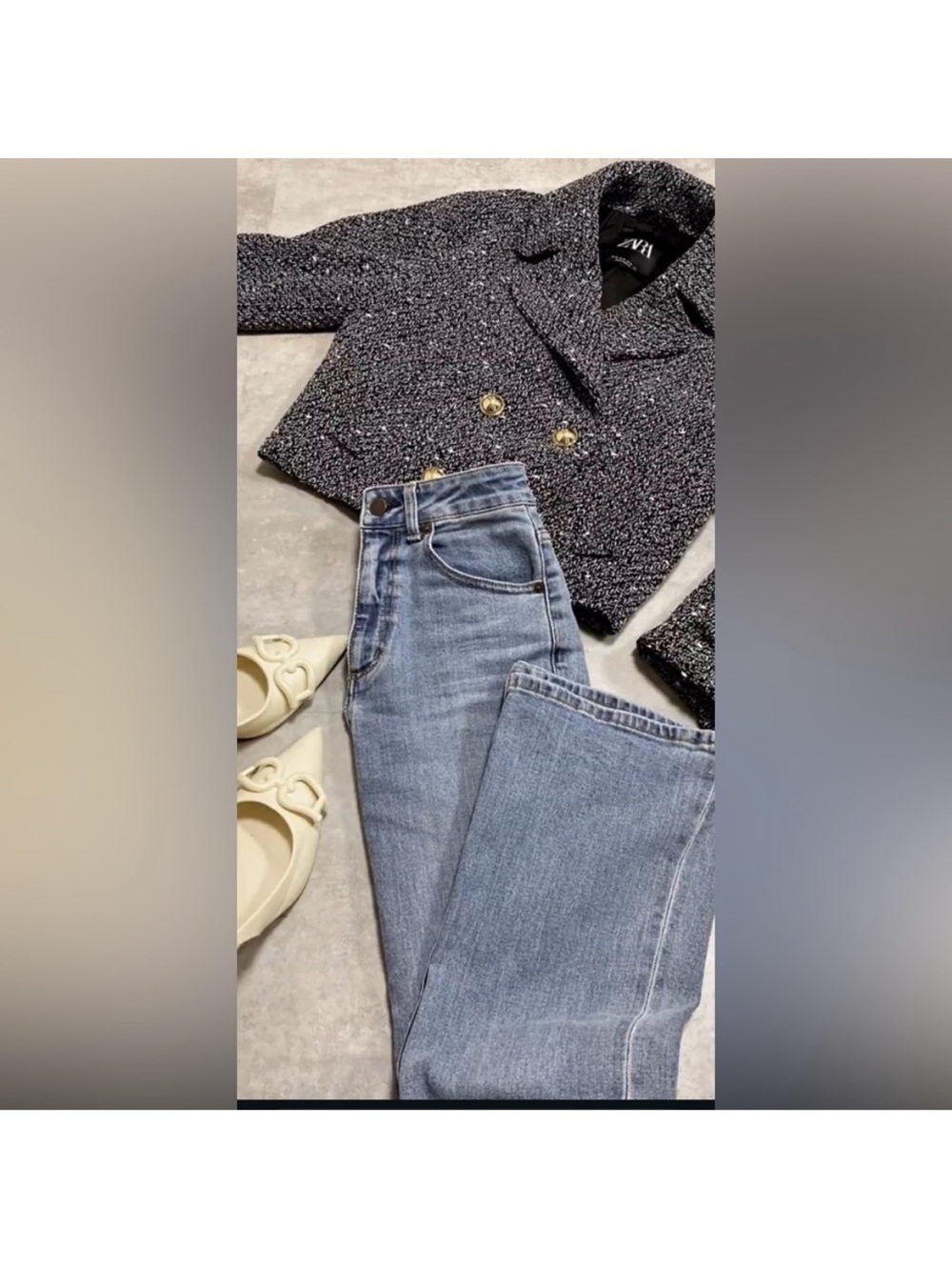 Zara Tweed Cropped Jacket in Charcoal Gray with Gold Buttons - Picture 15 of 16